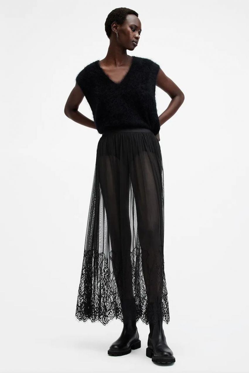 Sukňa AllSaints ARIELLA čierna farba, midi, áčkový strih, W040RB