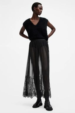 Sukňa AllSaints ARIELLA čierna farba, midi, áčkový strih, W040RB
