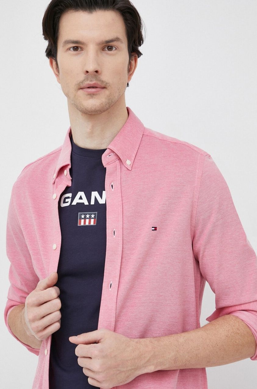 Bavlnená košeľa Tommy Hilfiger pánska,červená farba,slim,s golierom button-down,MW0MW30675