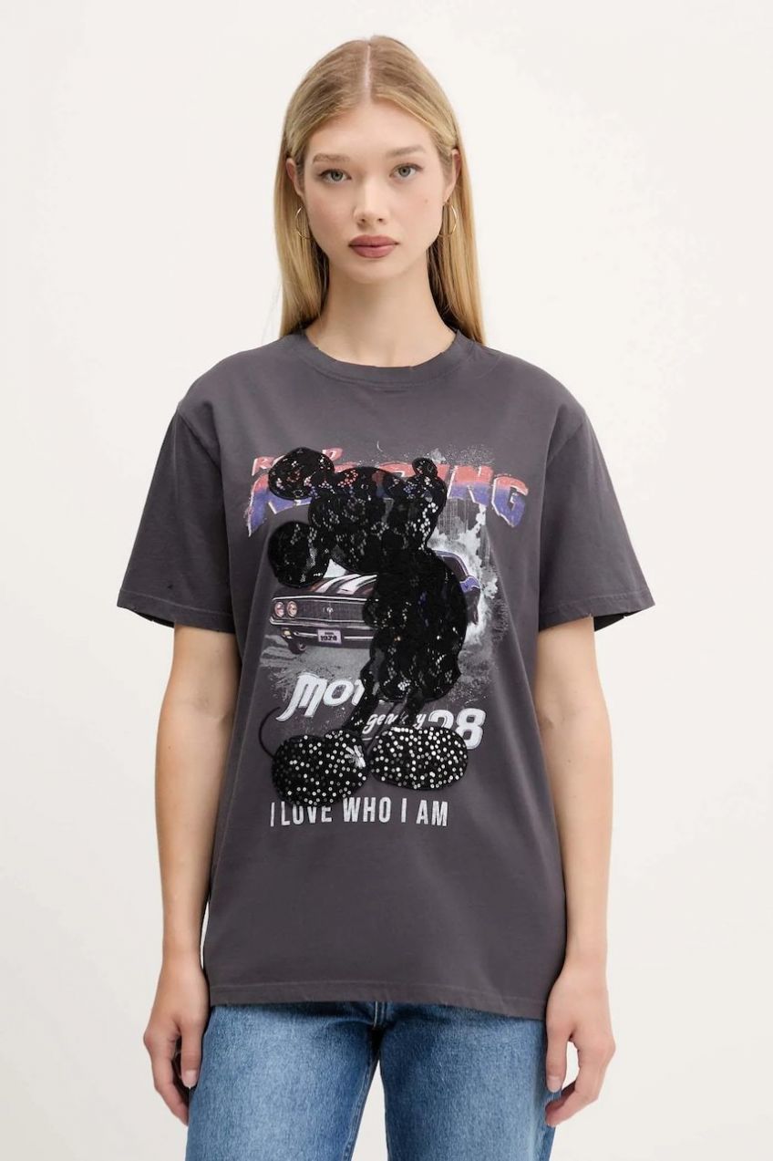 Bavlnené tričko Desigual MICKEY LACE dámske, šedá farba, 25WWTK56