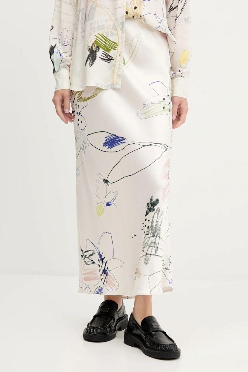 Sukňa Desigual PAUL béžová farba, midi, rovný strih, 25WWFW07