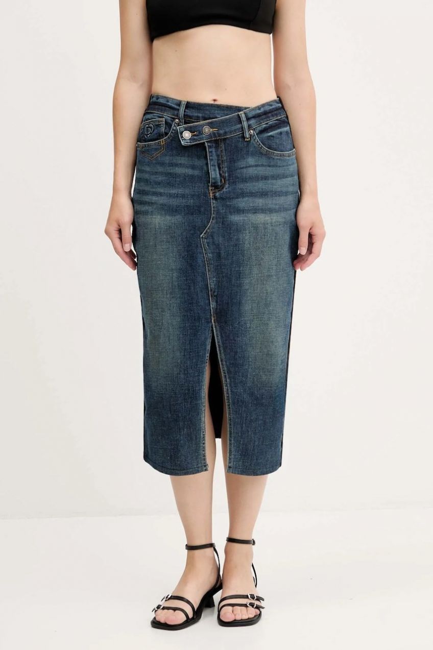 Rifľová sukňa Desigual TWISTED tmavomodrá farba, midi, puzdrová, 25WWFD03