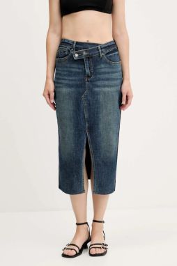 Rifľová sukňa Desigual TWISTED tmavomodrá farba, midi, puzdrová, 25WWFD03