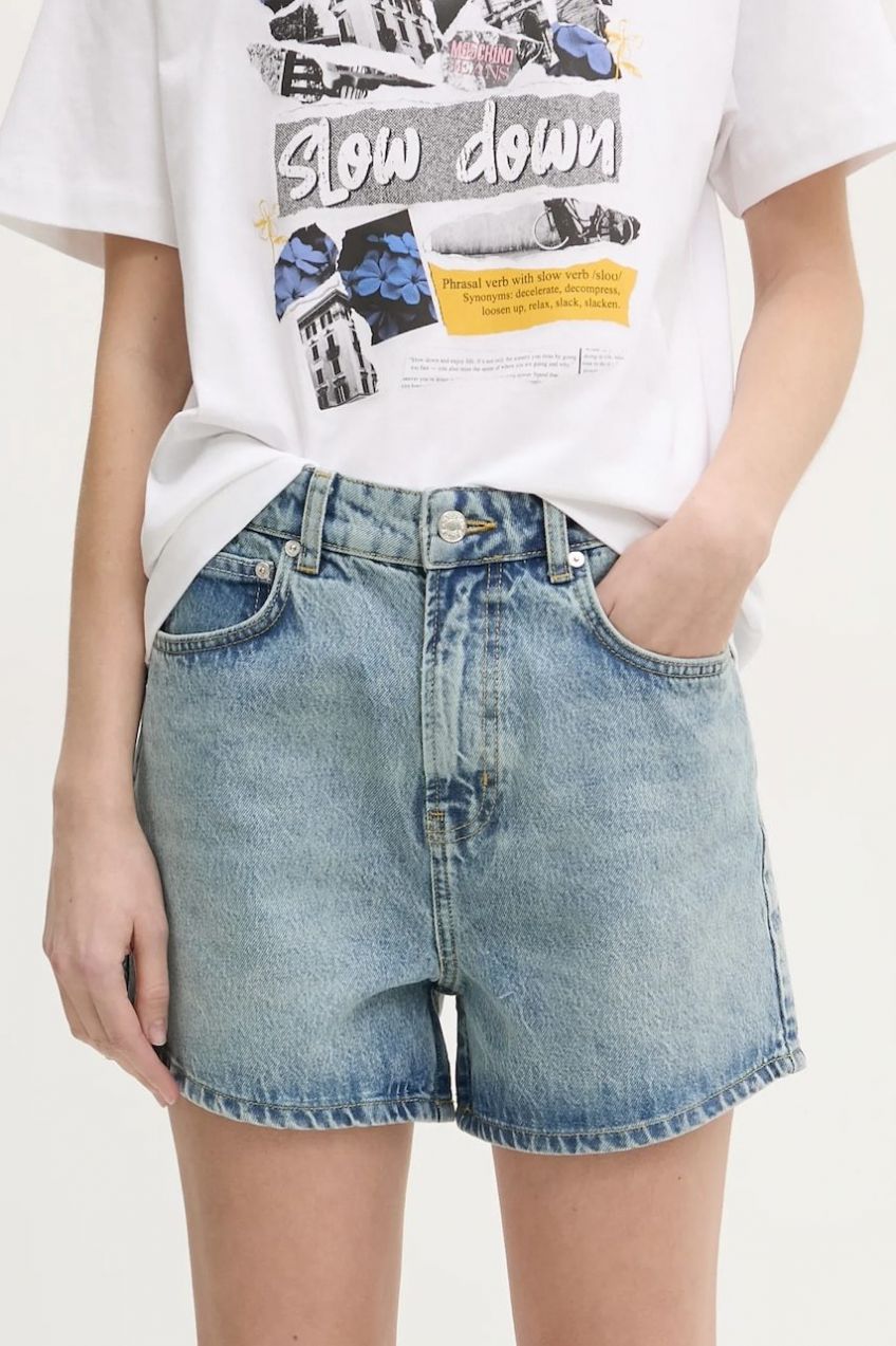 Rifľové krátke nohavice Moschino Jeans dámske, jednofarebné, vysoký pás, 0327 3217