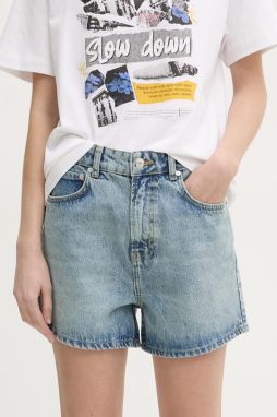 Rifľové krátke nohavice Moschino Jeans dámske, jednofarebné, vysoký pás, 0327 3217