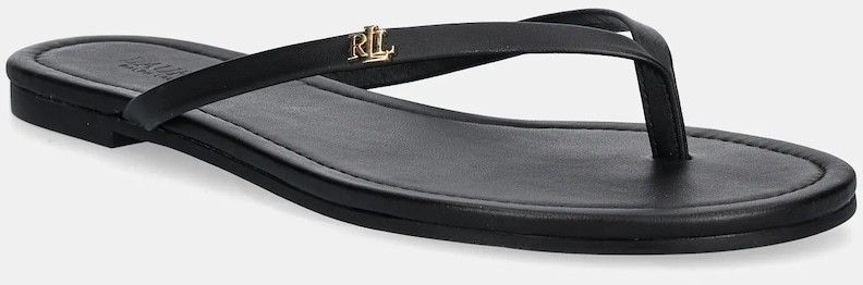 Kožené žabky Lauren Ralph Lauren Raquel dámske, čierna farba, na plochom podpätku, 802953931001