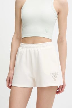 Šortky Guess ROBERTA béžová farba, s nášivkou, vysoký pás, V5GD19 KC3D2