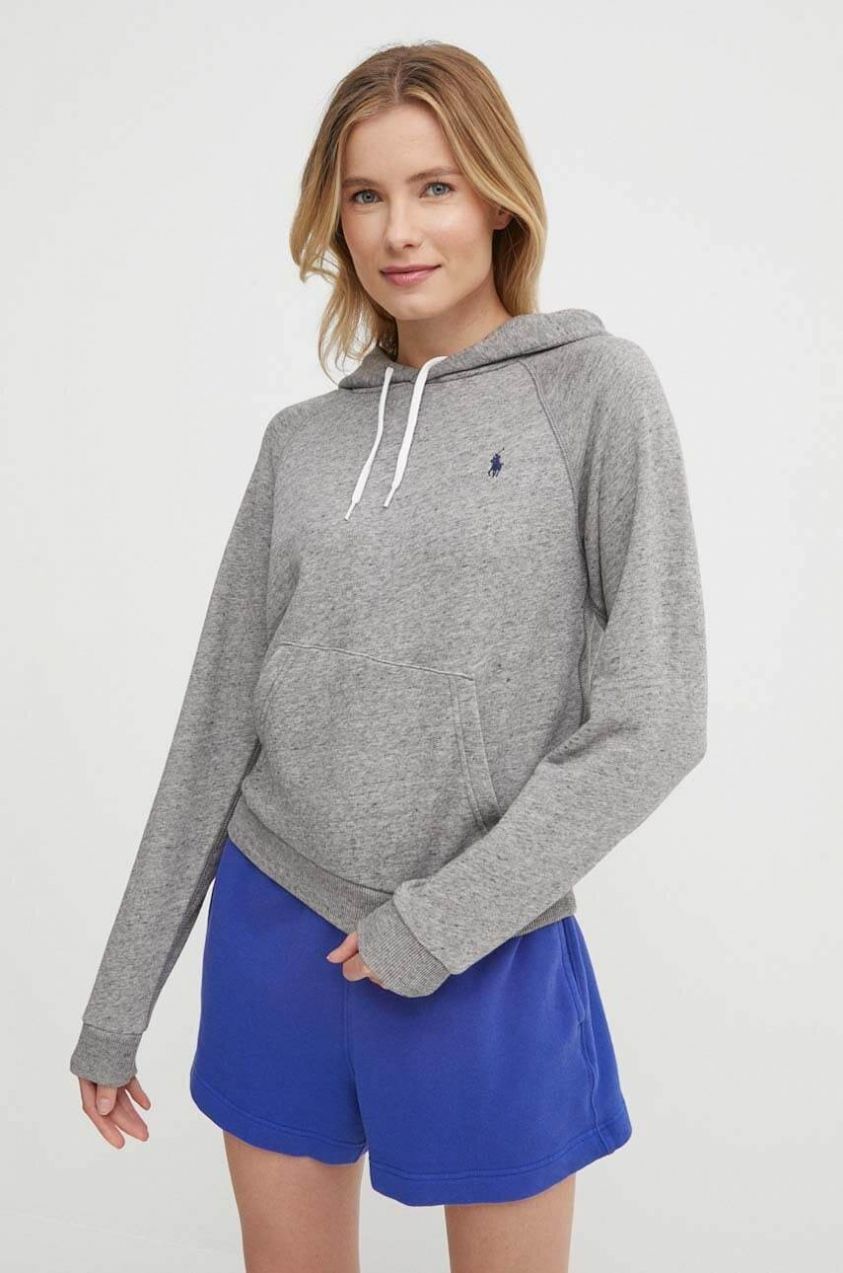 Bavlnená mikina Polo Ralph Lauren dámska, šedá farba, s kapucňou, vzorovaná, 211935583