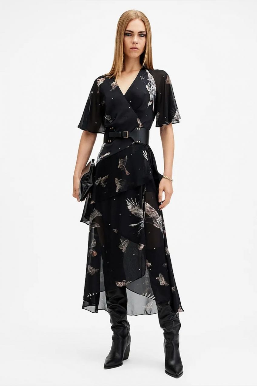 Šaty AllSaints ALANA čierna farba, midi, áčkový strih, W135DB