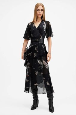 Šaty AllSaints ALANA čierna farba, midi, áčkový strih, W135DB