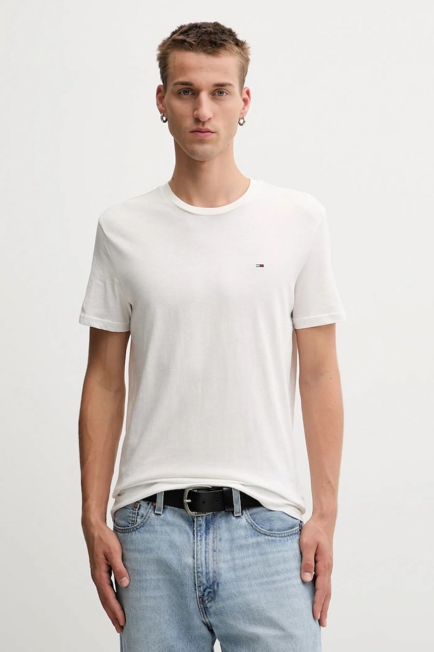 Bavlnené tričko Tommy Jeans 3-pak pánske, biela farba, jednofarebné, DM0DM21579