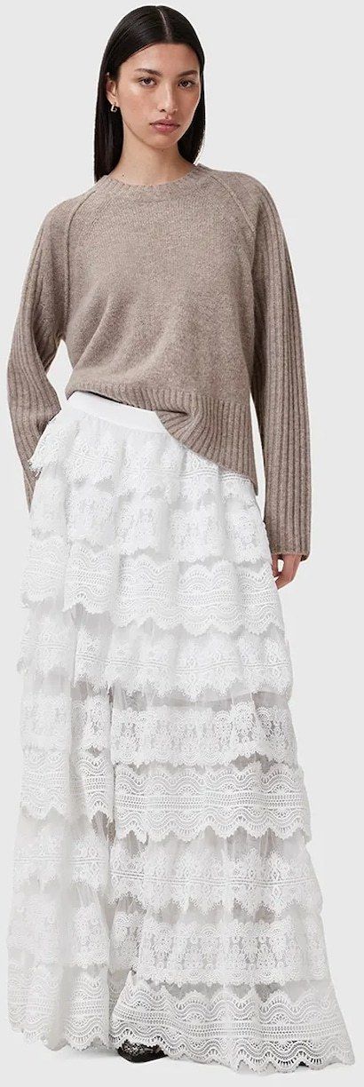 Sukňa AllSaints LIZI LACE biela farba, maxi, rovný strih, W059RC