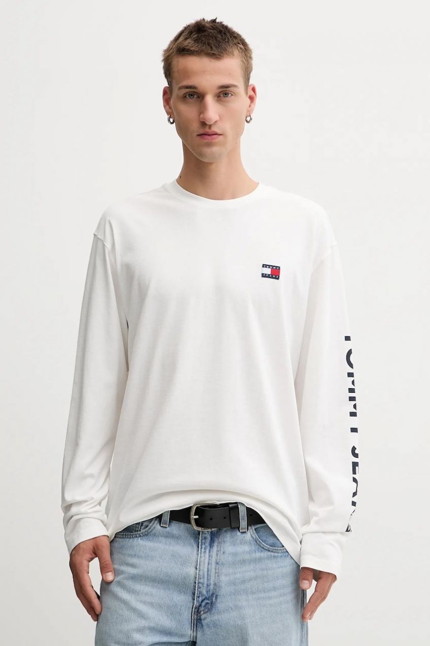 Bavlnené tričko s dlhým rukávom Tommy Jeans béžová farba, vzorované, DM0DM21976