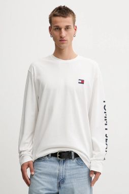 Bavlnené tričko s dlhým rukávom Tommy Jeans béžová farba, vzorované, DM0DM21976