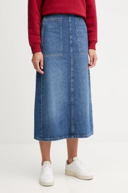 Bavlnená rifľová sukňa Tommy Hilfiger modrá farba, midi, rovný strih, WW0WW46737