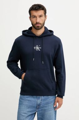 Bavlnená mikina Calvin Klein Jeans tmavomodrá farba, s kapucňou, s potlačou, LV04RD243G