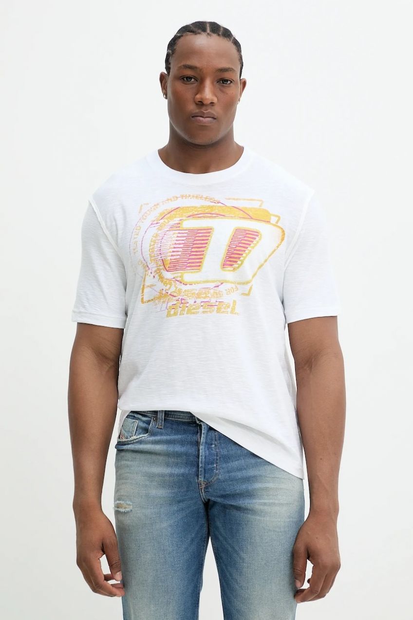Bavlnené tričko Diesel T-ADJUST-R11 T-SHIRT pánske, biela farba, s potlačou, A16430.0QKAP