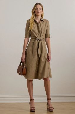 Ľanové šaty Lauren Ralph Lauren hnedá farba, midi, áčkový strih, 200905667