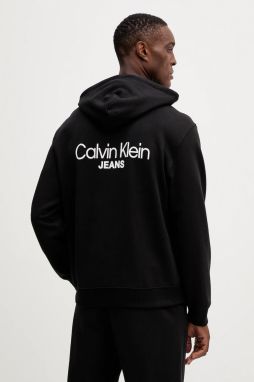 Bavlnená mikina Calvin Klein Jeans čierna farba, s kapucňou, s potlačou, LV04RD002G