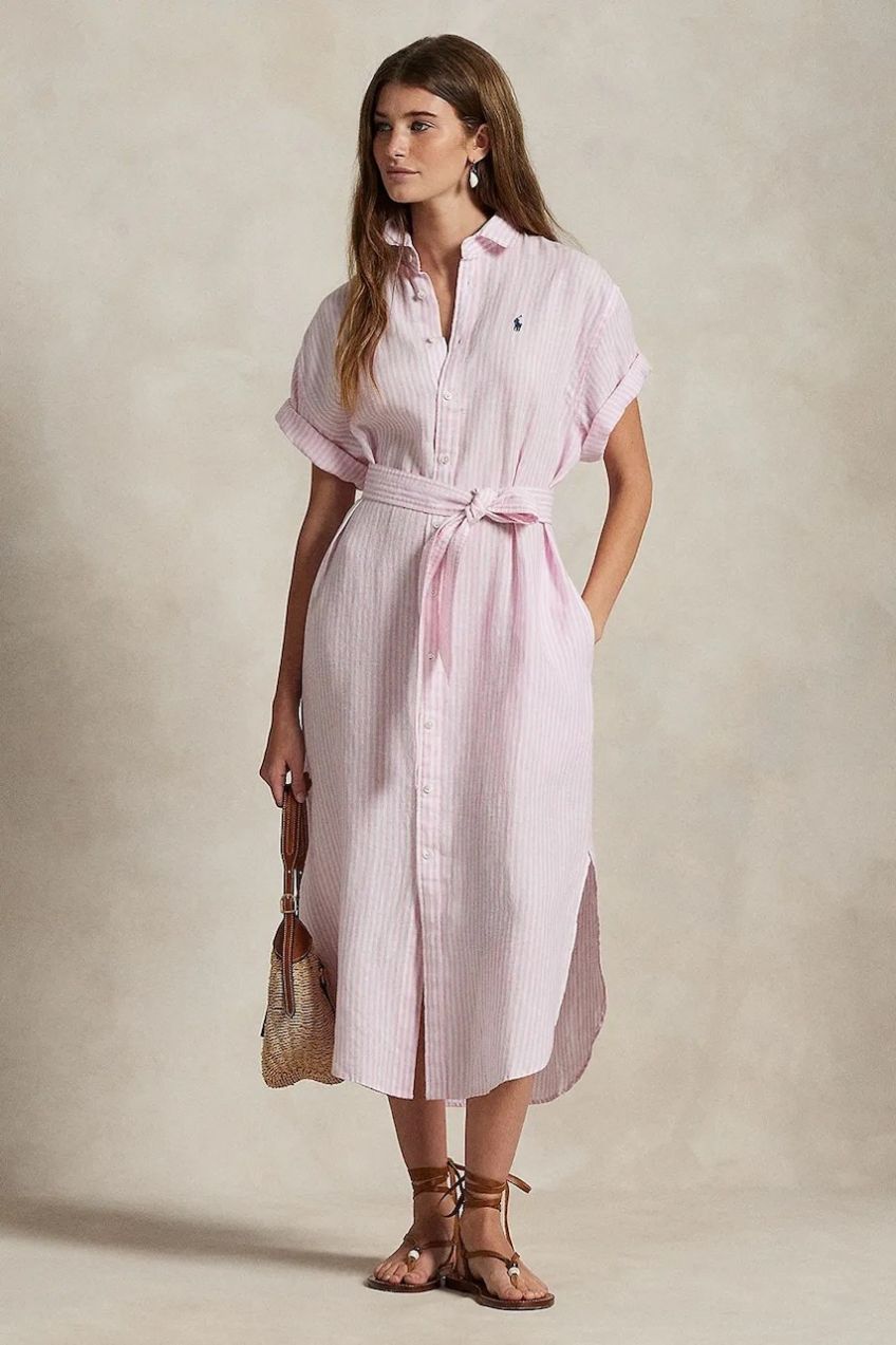 Ľanové šaty Polo Ralph Lauren biela farba, midi, rovný strih, 211965843