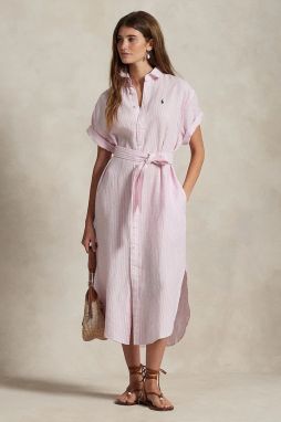 Ľanové šaty Polo Ralph Lauren biela farba, midi, rovný strih, 211965843