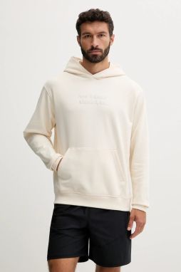 Bavlnená mikina New Balance béžová farba, s kapucňou, s nášivkou, MT53925PEF