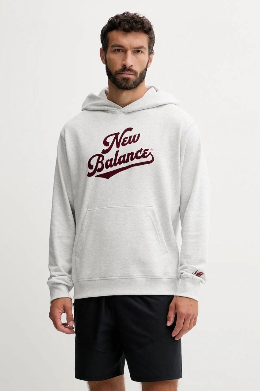 Bavlnená mikina New Balance šedá farba, s kapucňou, melanžová, MT53902AHH