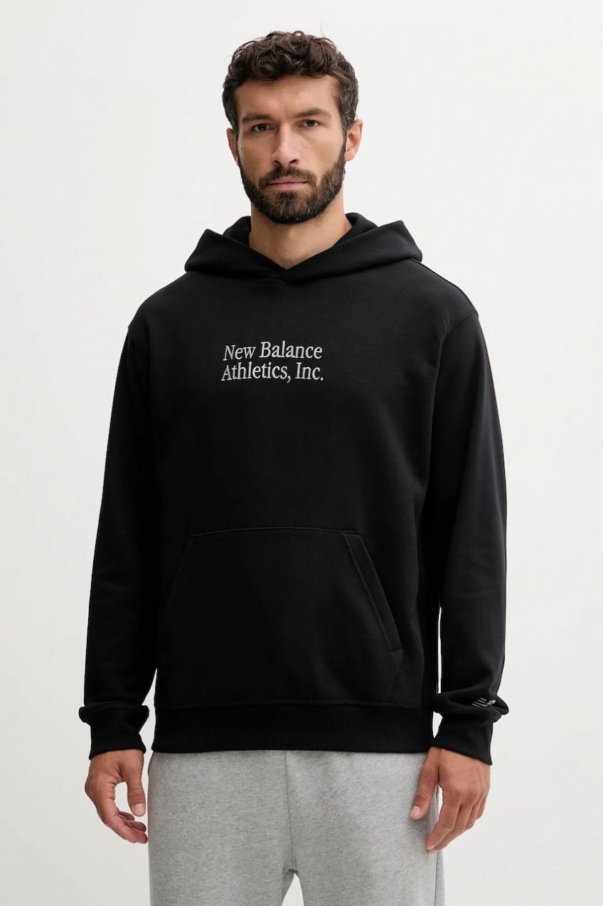 Bavlnená mikina New Balance čierna farba, s kapucňou, jednofarebná, MT53925BK