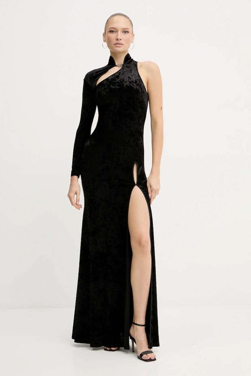 Zamatové šaty Versace Jeans Couture čierna farba, maxi, áčkový strih, 79HAO910 J0193