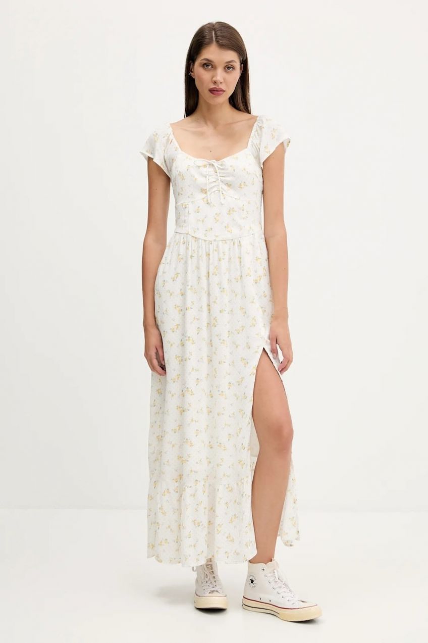 Šaty Hollister Co. biela farba, maxi, áčkový strih, KI359-5298