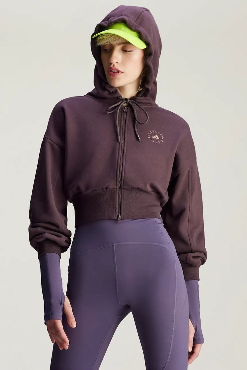 Tepláková mikina adidas by Stella McCartney fialová farba, s kapucňou, jednofarebná, IZ5011