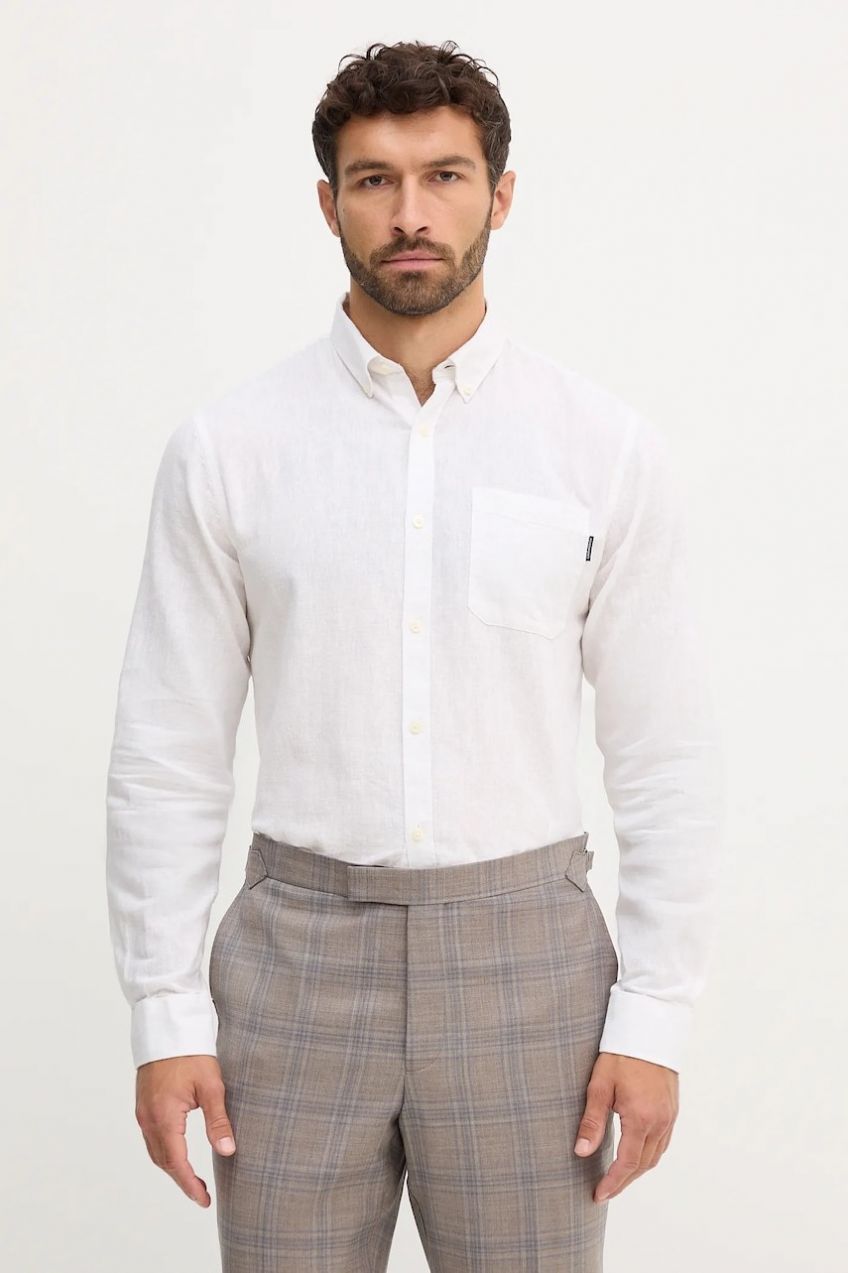 Ľanová košeľa Lindbergh zelená farba, regular, s golierom button-down, 30.220276