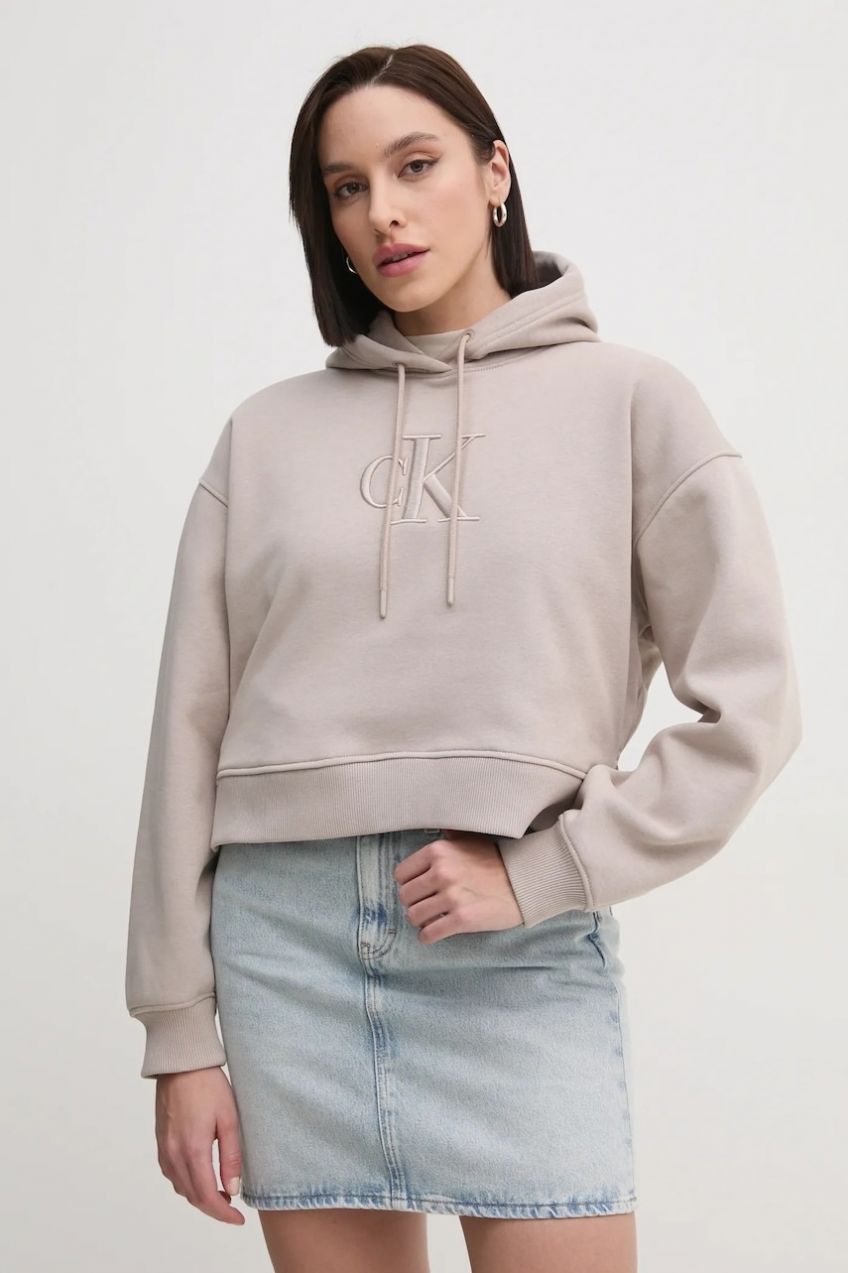 Mikina Calvin Klein Jeans dámska, béžová farba, s kapucňou, s nášivkou, J20J224718