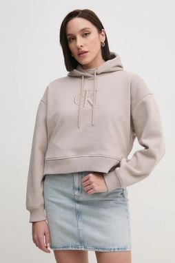 Mikina Calvin Klein Jeans dámska, béžová farba, s kapucňou, s nášivkou, J20J224718