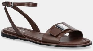 Kožené sandále Calvin Klein FLAT SANDAL W/CK HW - LTH dámske, hnedá farba, HW0HW02367