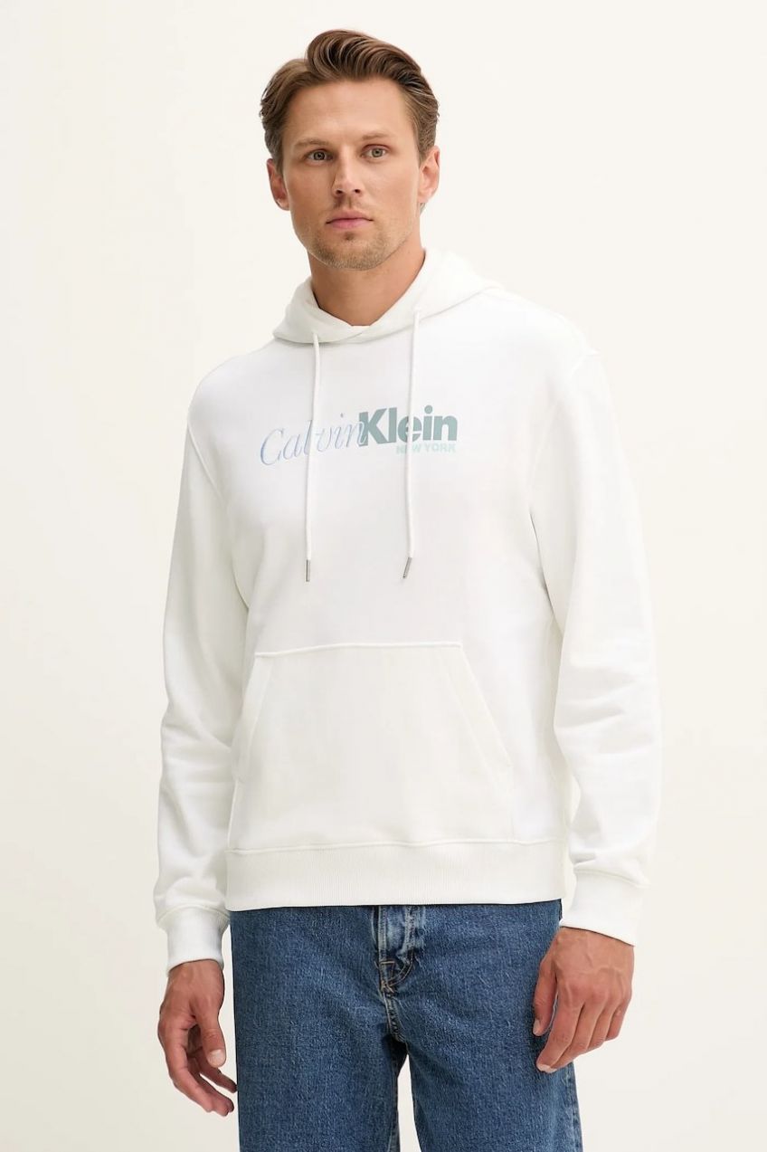 Bavlnená mikina Calvin Klein biela farba, s kapucňou, s potlačou, LV04LD241G