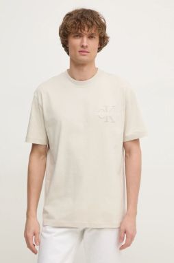 Bavlnené tričko Calvin Klein Jeans pánske, béžová farba, s potlačou, J30J327107