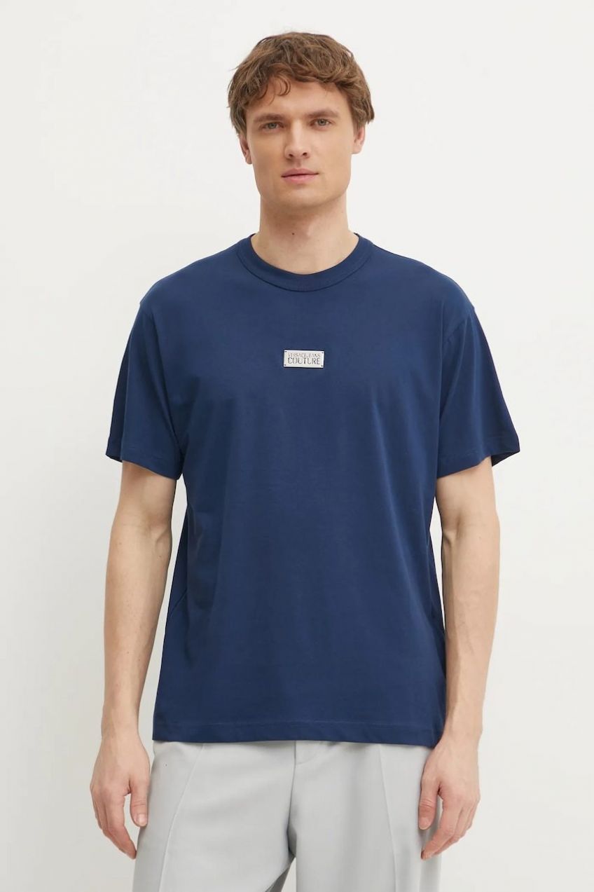 Bavlnené tričko Versace Jeans Couture pánske, tmavomodrá farba, s nášivkou, 78GAHT08 CJ00T