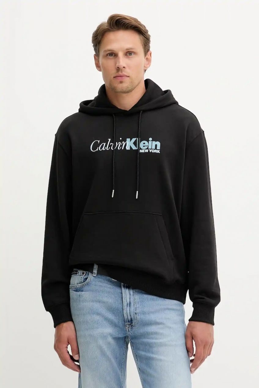Bavlnená mikina Calvin Klein čierna farba, s kapucňou, s potlačou, LV04LD241G