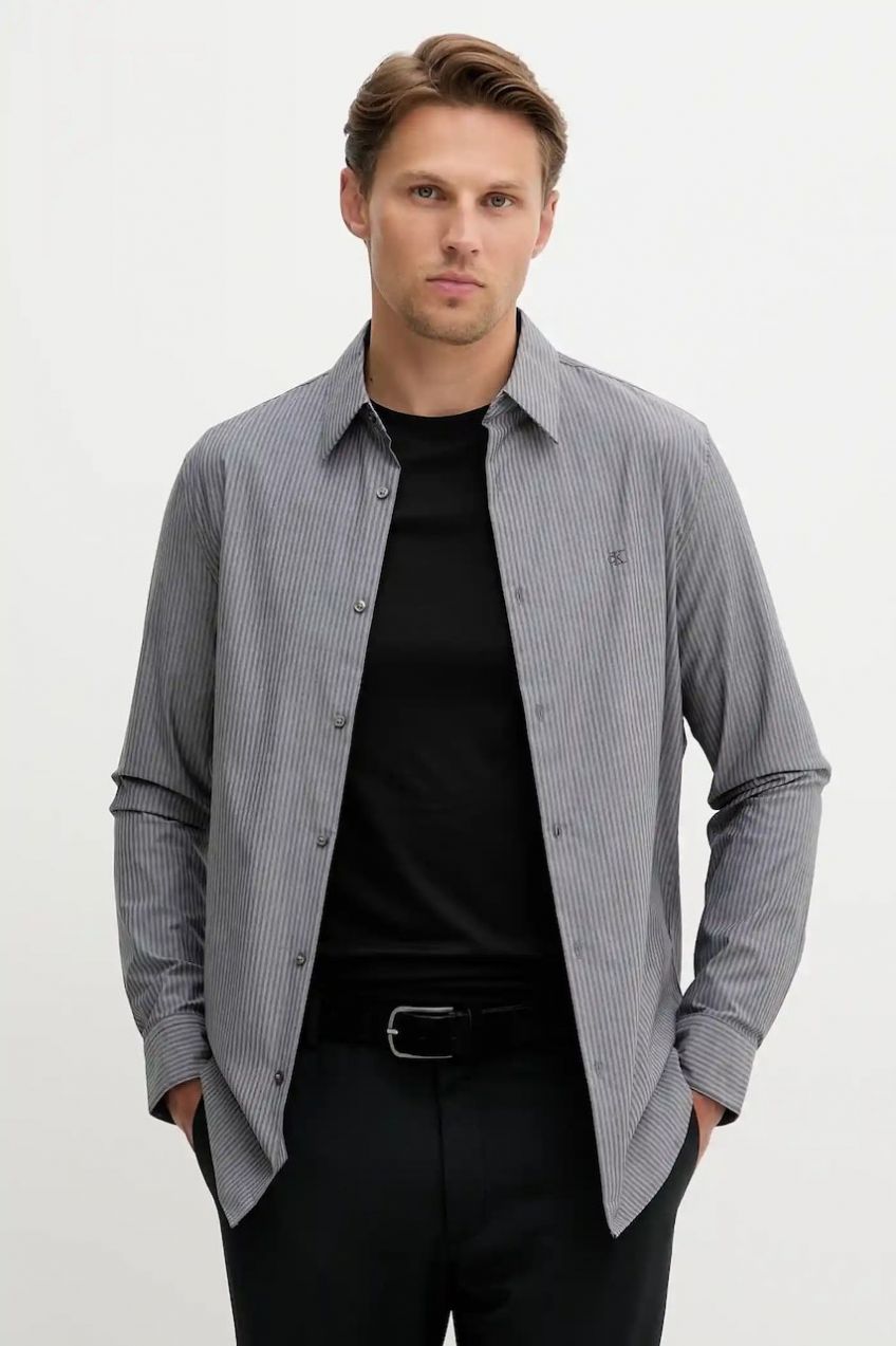 Košeľa Calvin Klein šedá farba, slim, s talianskym golierom, LV04LD135G