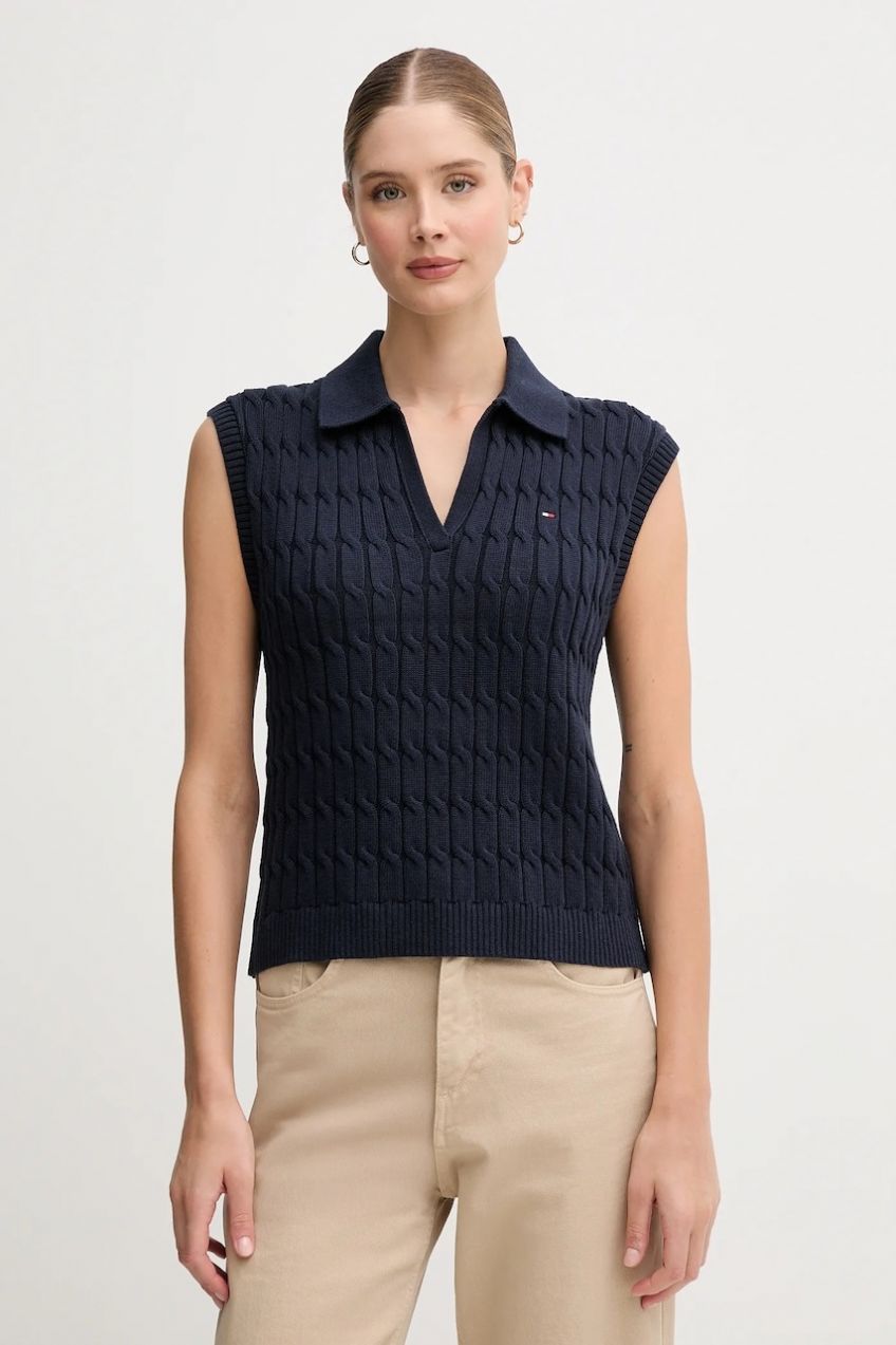 Bavlnená vesta Tommy Hilfiger tmavomodrá farba, ľahké, WW0WW45655