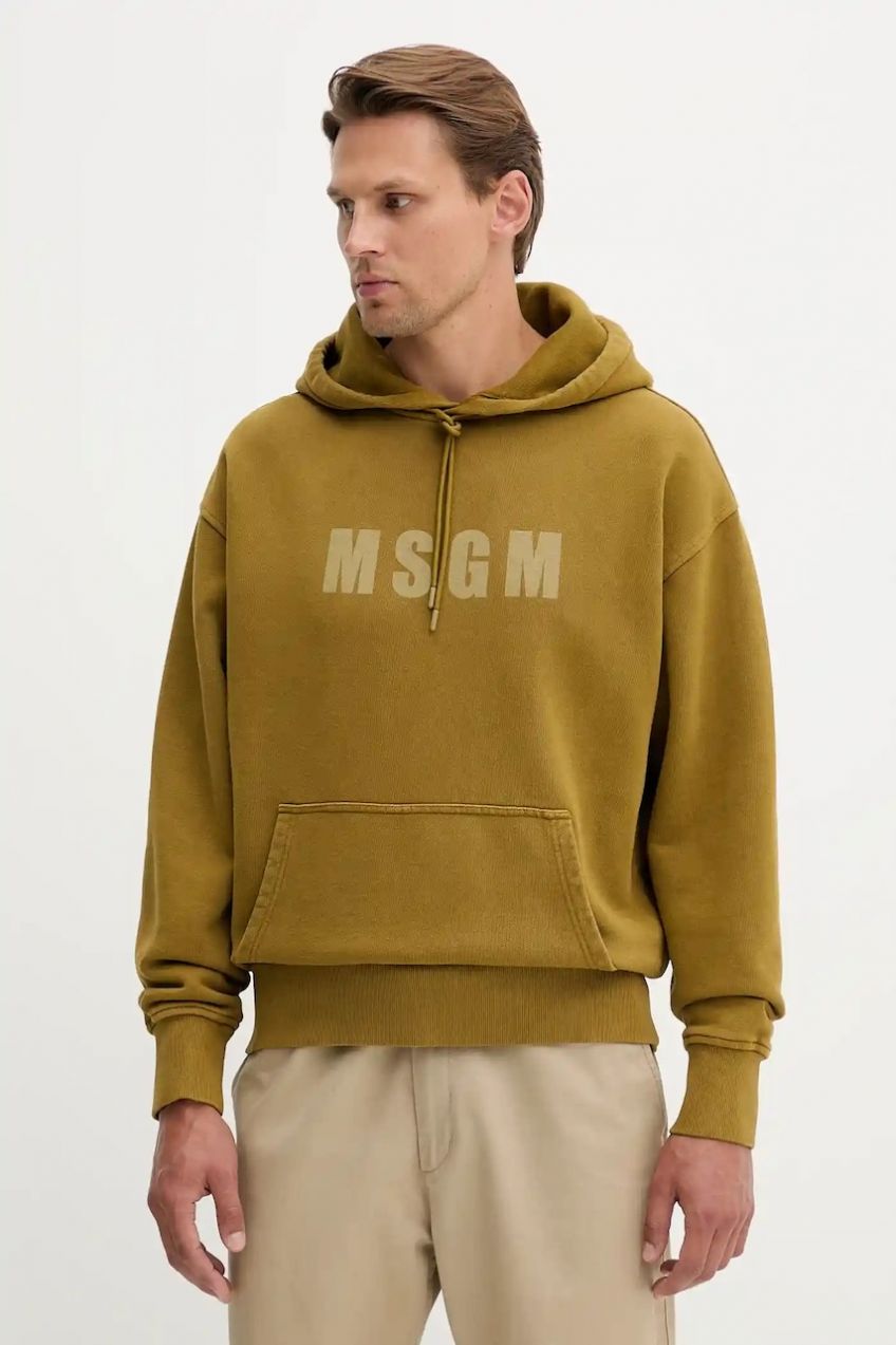 Bavlnená mikina MSGM zelená farba, s kapucňou, s potlačou, 3940MM97SE.257586
