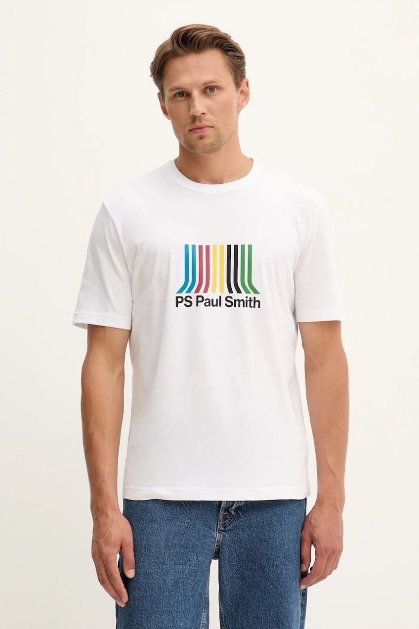 Bavlnené tričko PS Paul Smith pánske, biela farba, s potlačou, M2R-220X-TP5408