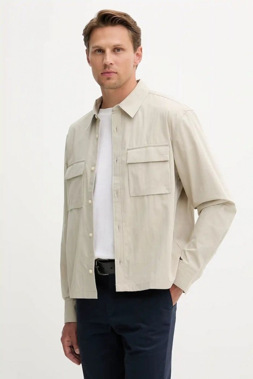 Košeľa Calvin Klein béžová farba, voľný strih, s klasickým golierom, LV04LD122G