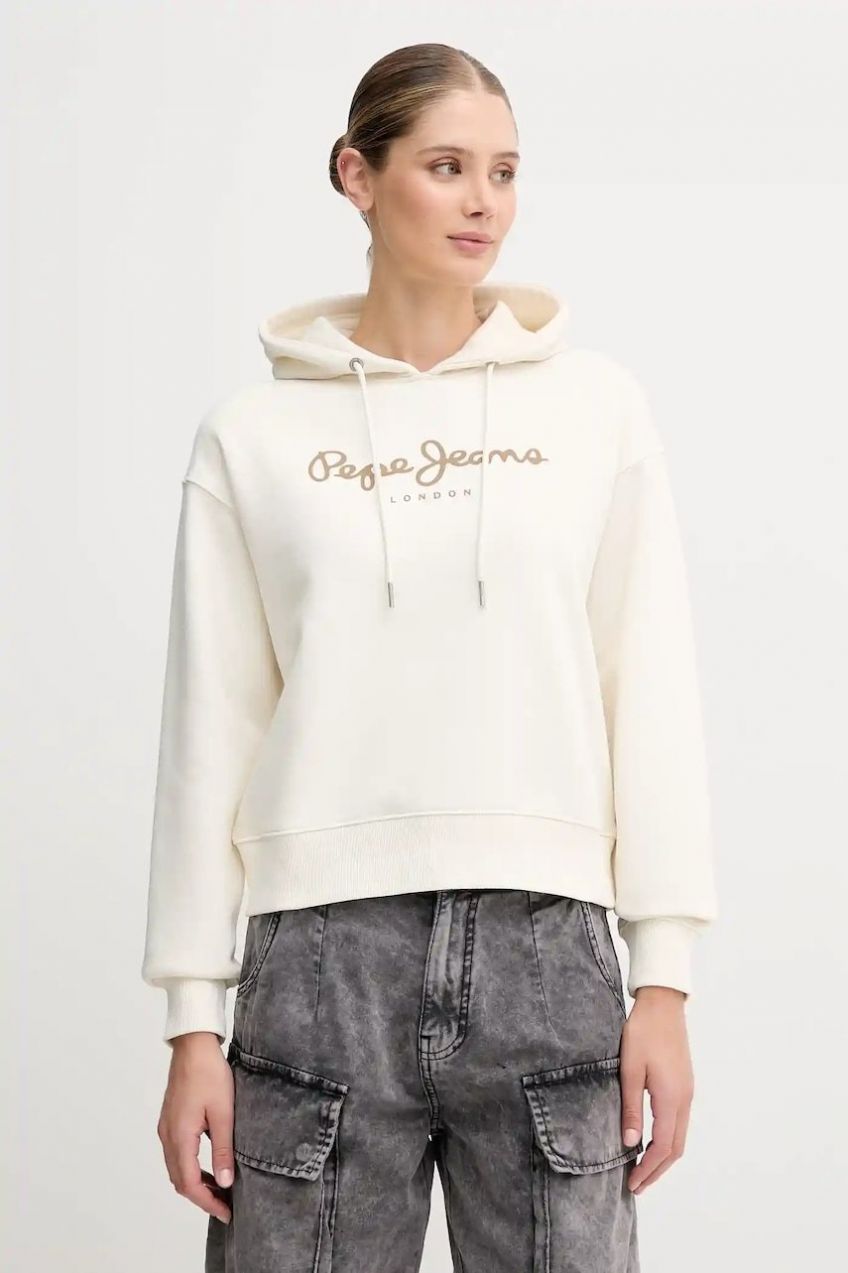 Mikina Pepe Jeans béžová farba, s kapucňou, s potlačou, PL5800001