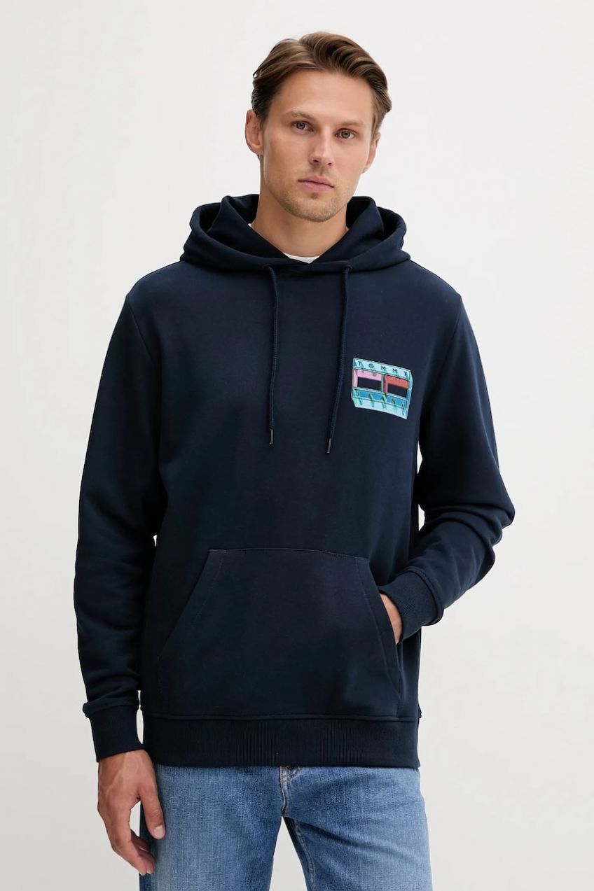 Bavlnená mikina Tommy Jeans tmavomodrá farba, s kapucňou, s potlačou, DM0DM22077