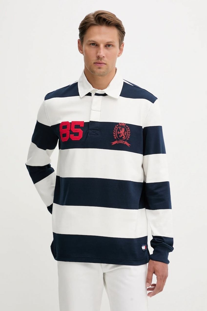 Bavlnené tričko s dlhým rukávom Tommy Jeans tmavomodrá farba, vzorované, DM0DM22074