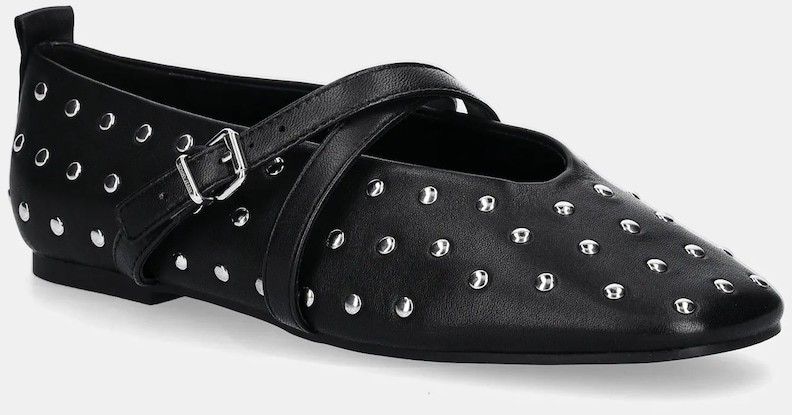 Kožené balerínky Tommy Jeans MARYJANE STUDDED BALLERINA čierna farba, EN0EN02886