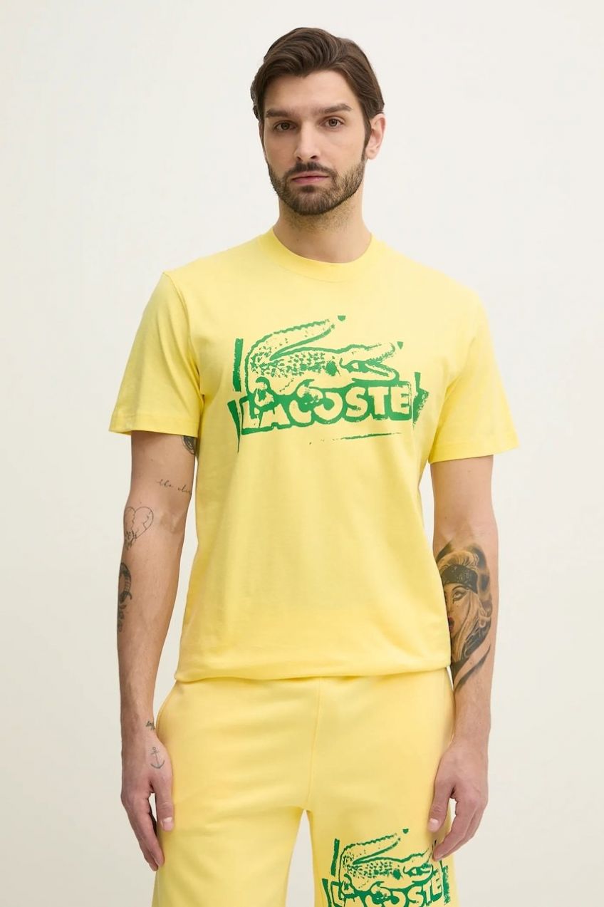 Bavlnené tričko Lacoste pánske, žltá farba, s potlačou, TH0284