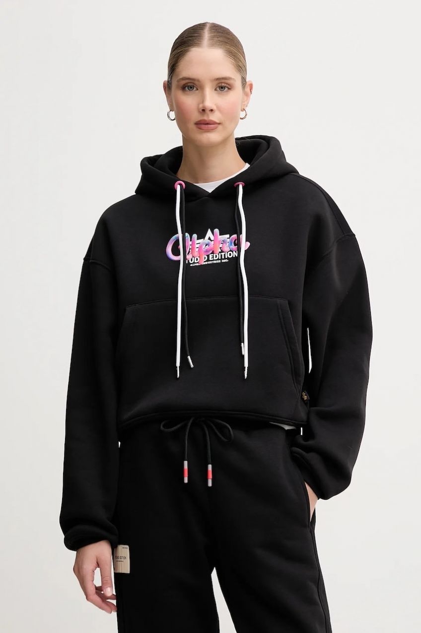 Mikina Alpha Industries čierna farba, s kapucňou, s potlačou, 258042.03